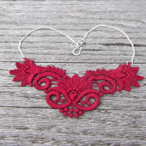 Burgundy Maroon Repurposed Lace Applique and Chain Choker Necklace
