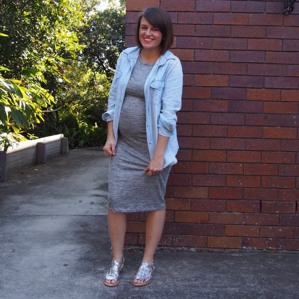 24 weeks pregnant, wearing a Sportsgirl dress and ASOS sandals. 