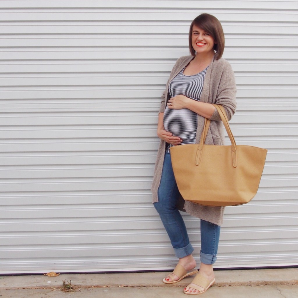 28 week bump. Wearing Jeanswest jeans, Blossom & Glow singlet, Big W cardigan, Wittner sandals and Louenhide bag. 