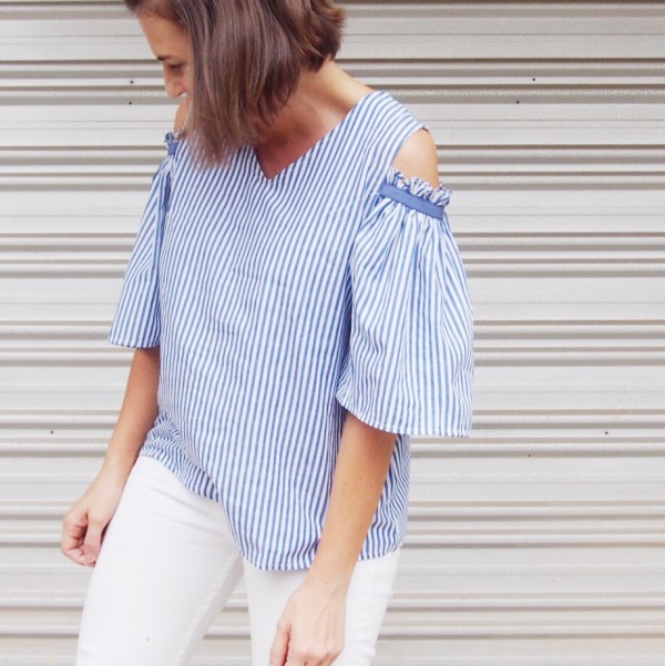 striped top fashion blogger cold shoulder shein