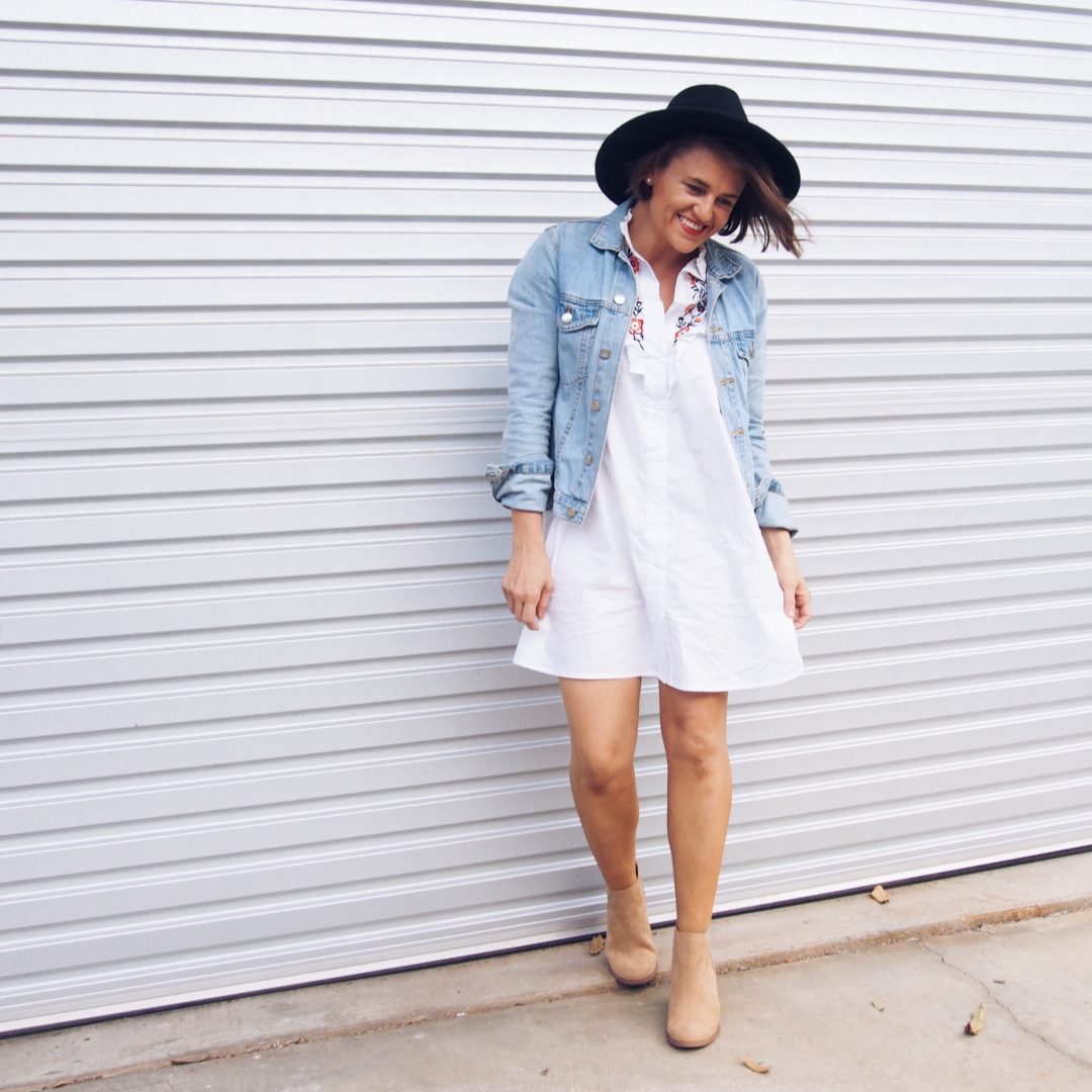Embroidered shirt dress and wool fedora hat outfit