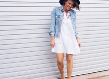 Embroidered shirt dress and wool fedora hat outfit